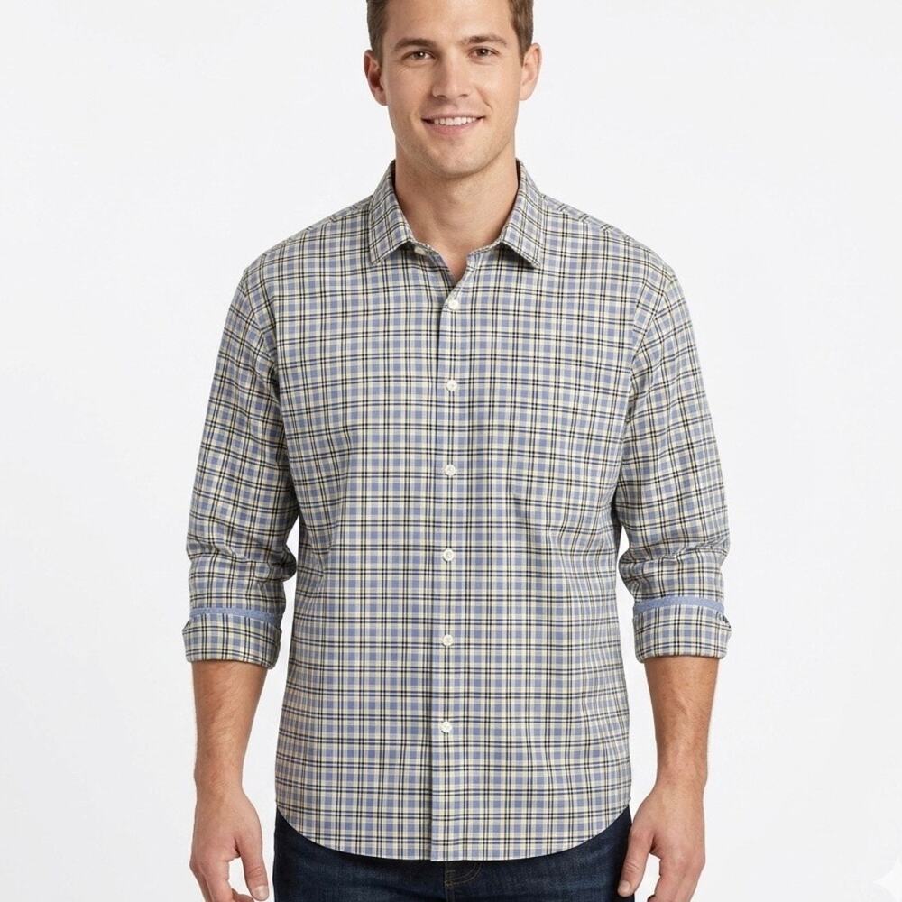 Nordstrom Men's Plaid Button Up Shirt 37 Blue & Yellow Traditional Fit Cotton